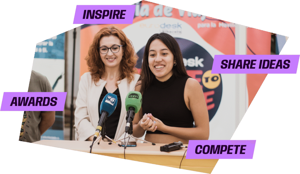 Young person speaking into a microphone, surrounded by the words “Inspire”, “Share ideas”, “Awards” and “Compete”.