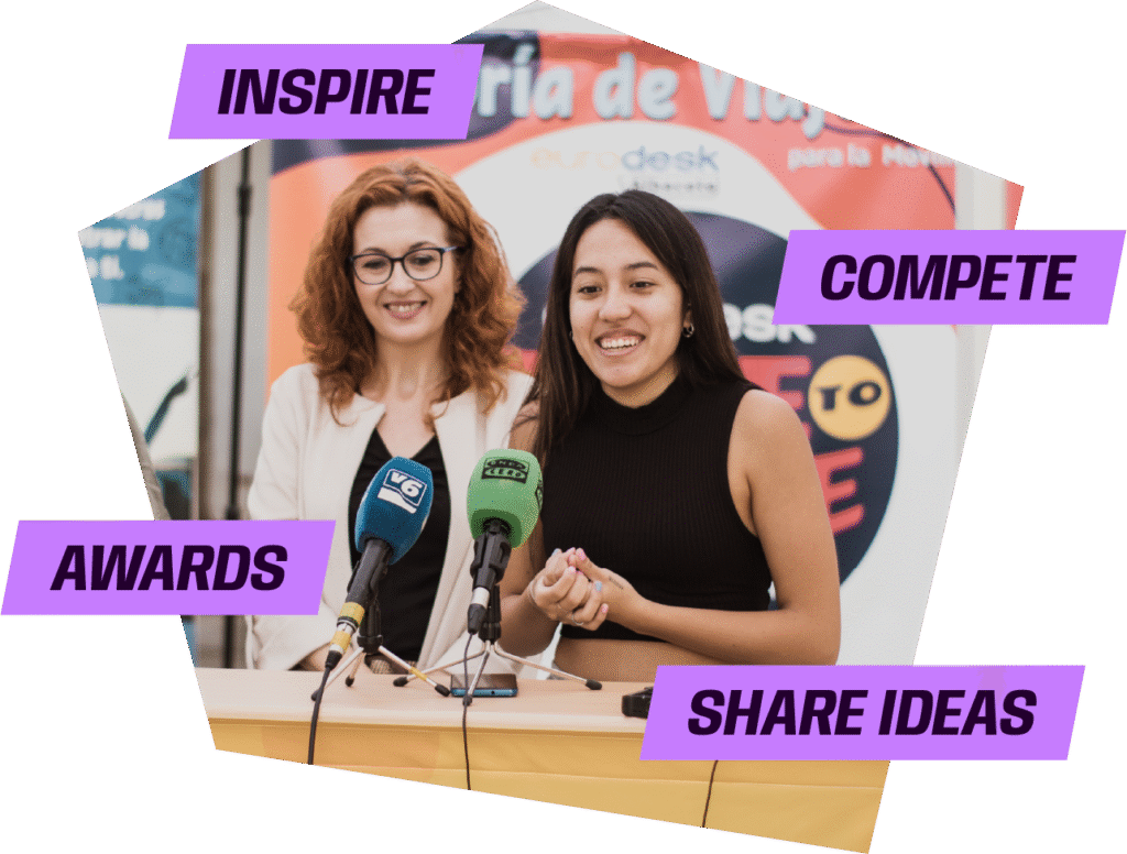 Young person speaking into a microphone, surrounded by the words “Inspire”, “Share ideas”, “Awards” and “Compete”.