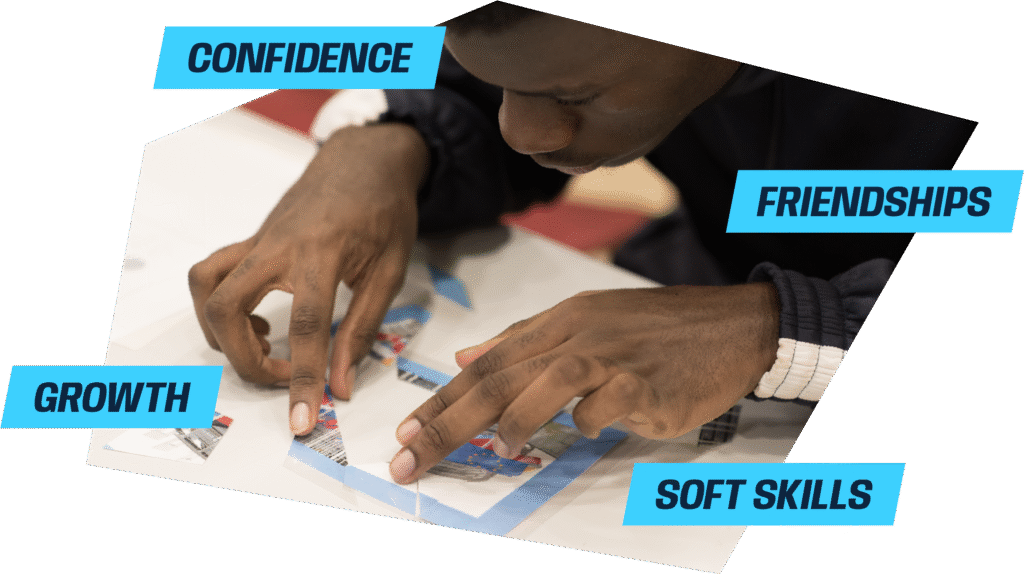 Young person assembling a puzzle, surrounded by the words “Confidence,” “Friendships,” “Growth” and “Soft skills.”