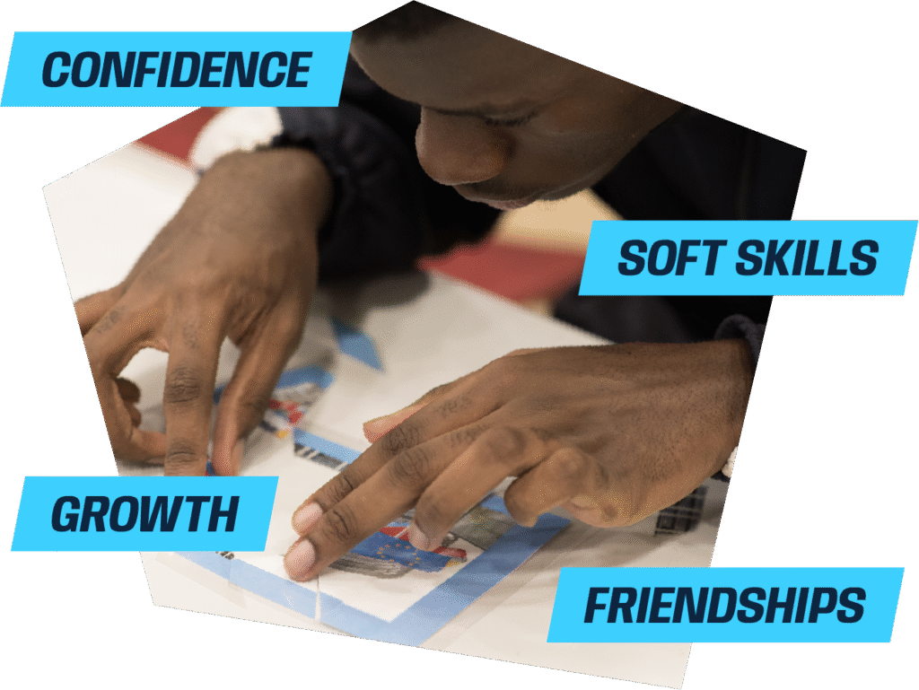 Young person assembling a puzzle, surrounded by the words “Confidence,” “Friendships,” “Growth” and “Soft skills.”