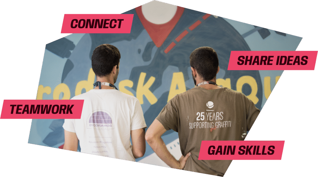 Two young people standing next to each other, surrounded by the words “Connect”, “Share ideas”, “Teamwork” and “Gain skills”.