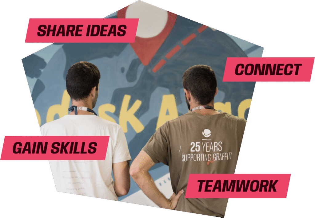 Two young people standing next to each other, surrounded by the words “Connect”, “Share ideas”, “Teamwork” and “Gain skills”.