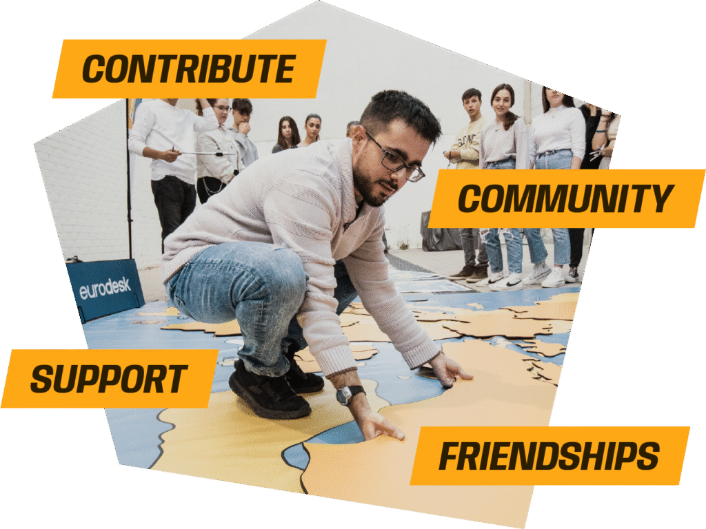 Young person playing a board game, surrounded by the words “Support”, “Friendships”, “Contribute” and “Community”.