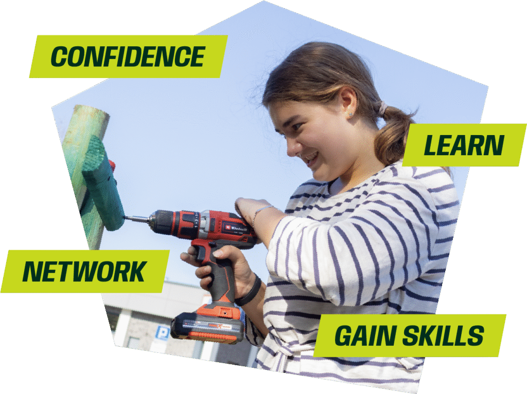Young person using a power drill during a hands-on activity, surrounded by the words “Gain skills,” “Learn,” “Confidence” and “Network.”